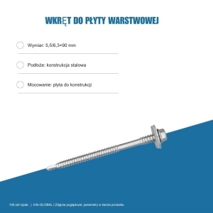 Wkręt do płyty warstwowej Info-GLOBAL AR6 W CSG 5,5/6,3×90 mm, bez lakieru, 100 szt.